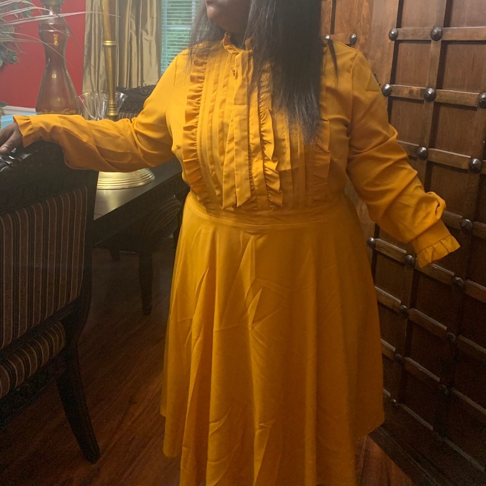 Yellow mustard colored dress with tie and ruffles in front of the dress